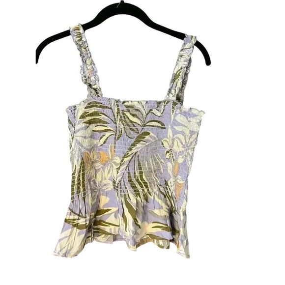 Patrons of Peace Tops - Tropical Palm Print Smocked Tank‎ Top with Ruffle Straps Summer Beach Vacation